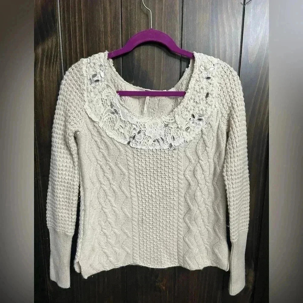 Free People Cropped Ivory Embellished Beaded Lace Wool Blend Sweater S/P